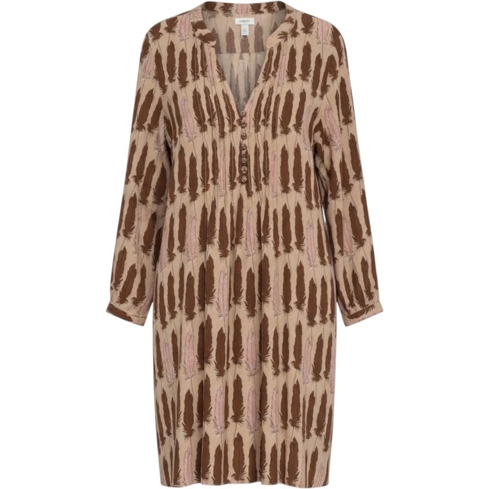 Fossil 100% Silk Feather Print Tunic Dress Brown Pink V-Neck Long Sleeve Large